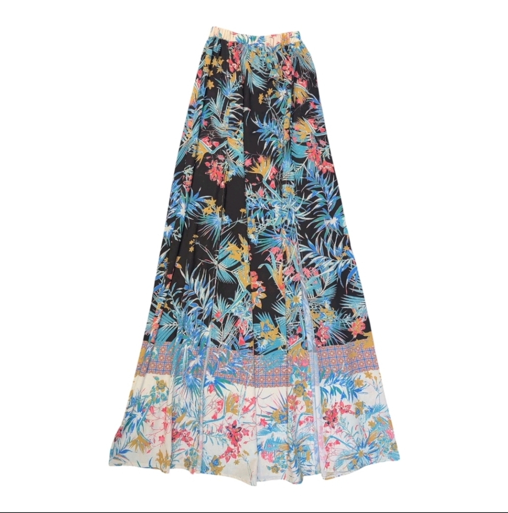 Flying Tomato Maxi Skirt XS Tropical Floral Boho Elastic Waist High Slit